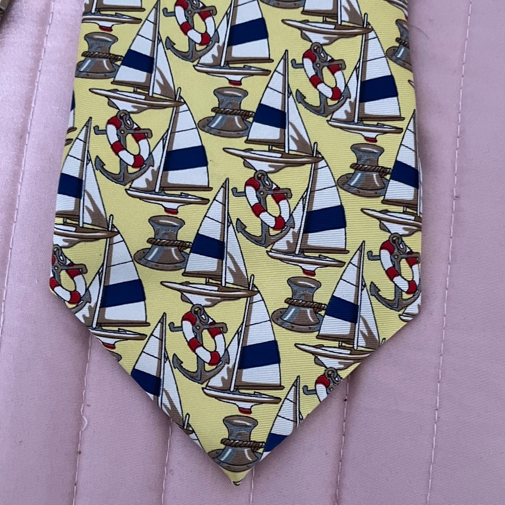 Vintage Utopia Nautical Tie with Sailboats yellow navy white red coastal